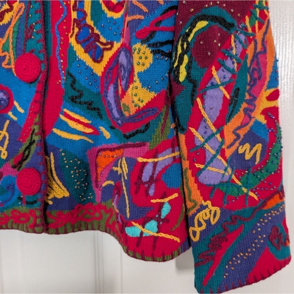 Vintage 90s Michael Simon Artsy Beaded Cardigan Womens Size Small Embroidered - Picture 4 of 12